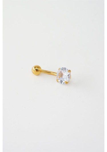 Kadın 316l Anti Alerjenik Topcuklu Oval Baget Zirkon Taşlı Göbek Piercing - Altın