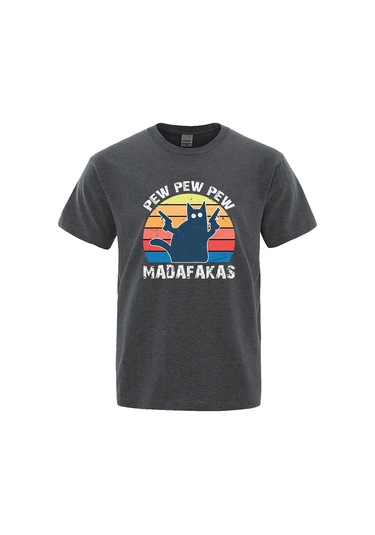 Teekossc Pew Pew Madafakas Erkek Kısa Kollu Komik Kedi T-shirt Vintage Yazlık Ekip Üstü Streetwear Chınamultı Multı