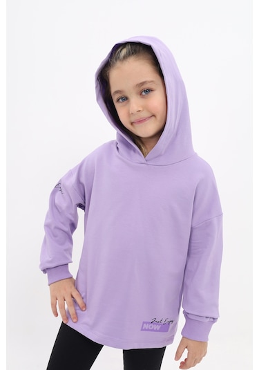 Toontoy Kız Çocuk Relax Fit Kapüşonlu Düşük Omuz Baskılı Sweatshirt - 2 İplik Lila