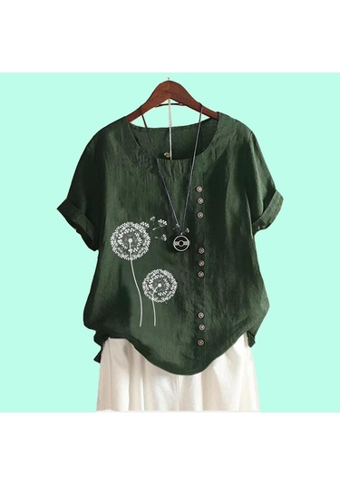 Kadın Günlük Çiçek Baskılı Bol Bluz Bayan Pamuk Keten Üst Moda Kısa Kollu Tişört Asker Yeşili Kadın Günlük Çiçek Baskılı Bol Bluz Bayan Pamuk Keten Üst Moda Kısa Kollu Tişört Asker Yeşili