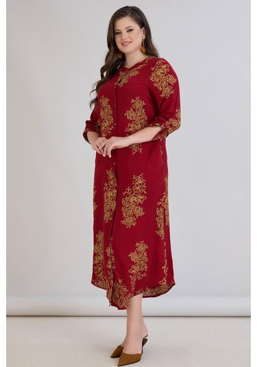 Wearon Kadın Fatoş Cep Detaylı Dokuma Viskon Kırmızı Gömlek Elbise Kırmızı