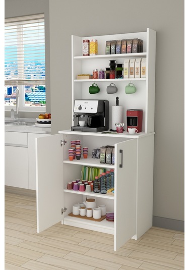 %100 Mdflam Kahve Köşesi Çok Amaçlı Mutfak Dolabı Kahve01 Beyaz Beyaz