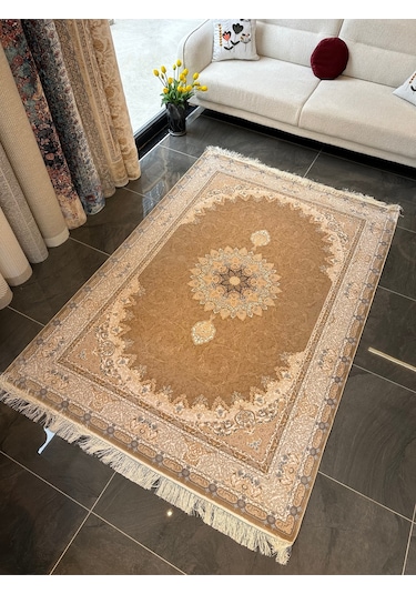 İpek Halı Salon Oturma Odası Şehriyar İpek İran Halısı Sarı-krem