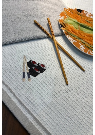 2 Li Mutfak Havlusu Seti - Açık Gri & Sushi Figürlü Kurulama Bezi - %100 Pamuk & 40x60 Cm Açık Gri