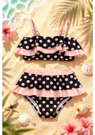 Beniizle Puan Desenli Kız Çocuk Bikini Takımı Siyah