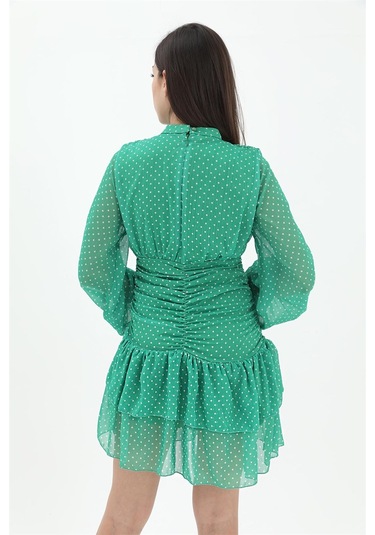 Büzgülü Puantiyeli Şifon Elbise - Yeşil-yeşil