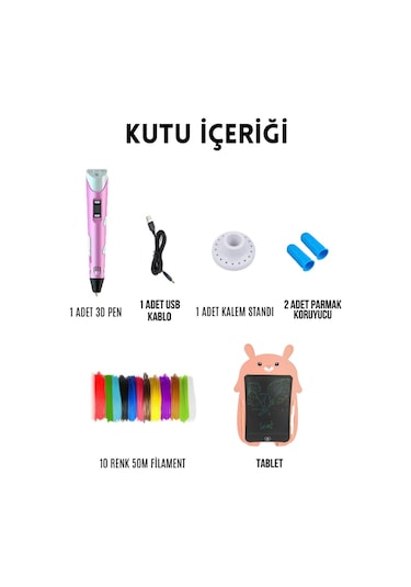 Pembe 3D Kalem 3D Pen Yazıcı Kalem | 50 Metre PLA Filament + Grafik Tablet + USB Kablo