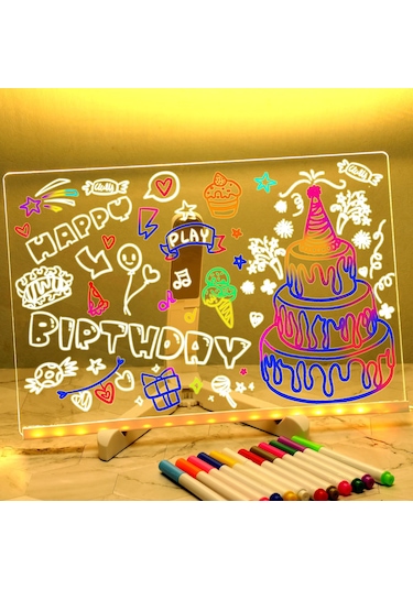 Hombey 30x20cm Büyük Led Işıklı Akrilik Tahta - 12 Renkli Kalem, Açı Ayarlanabilir Tripod, Silme Bezi Ve Şarj Aleti İle Yeniden Kullanılabilir Çizim Ve Not Alma Tablosu Beyaz