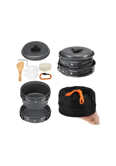Teltree Kamp, Yürüyüş Ve Piknik İçin 10 Parça Kompakt Alüminyum Tencere Seti - Isıya Dayanıklı, Hafif Ve Kolay Taşınabilir Siyah