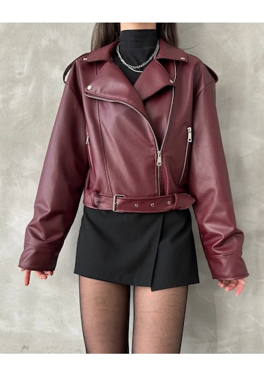 Prifaldi Suni Deri Crop Bıker Ceket Bordo