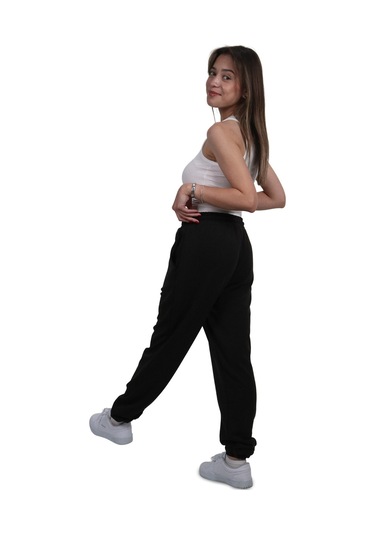 Kadın Modal Kumaş Lastikli Paça Siyah Jogger Pantolon Siyah
