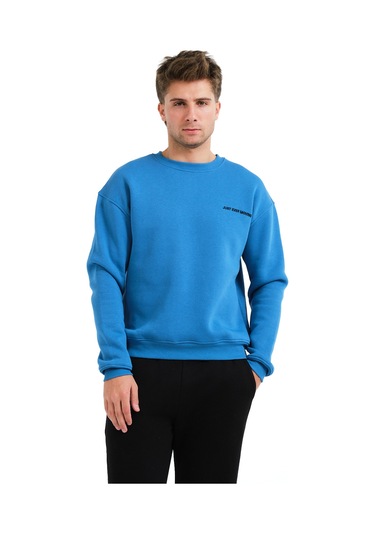Justever Bisiklet Yaka Nakışlı Şardonlu İçi Polarlı Mavi Erkek Sweatshirt - Volar Mavi