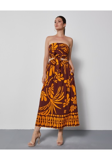 Kadın Straplez Desenli Takım Bağlamalı Büstiyer Ve Bol Kesim Pantolon Etek Kahve