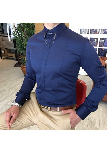 Italyan Kesim Slim Fit Erkek Saten Zincirli Gömlek Lacivert T4802