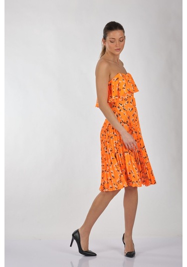 Explosion Straplez Midi Pileli Çiçek Desenli Elbise - Yazlık Günlük Parti Oranj