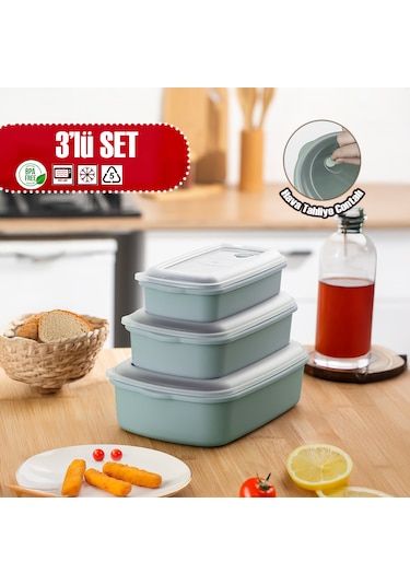 Porsima 5314 Kilitli Sızdırmaz Kapaklı Hava Tahliye Contalı Çok Amaçlı 3lü Dikdörtgen Erzak Yiyecek Saklama Kabı Seti Mavi- 1000-1700-2800ml Mavi