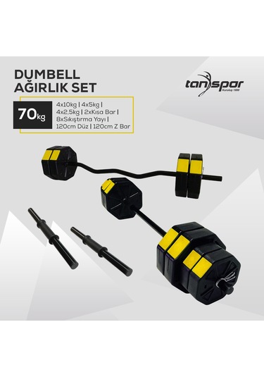 Tan Spor 70 KG Dambıl Halter Ağırlık Full Kısa + Düz + Z Bar Set Kırmızı Kapaklı