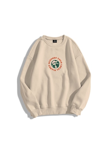 Hırsch Unisex Support Your Planet Bisiklet Yaka Sweatshirt Taş Gri