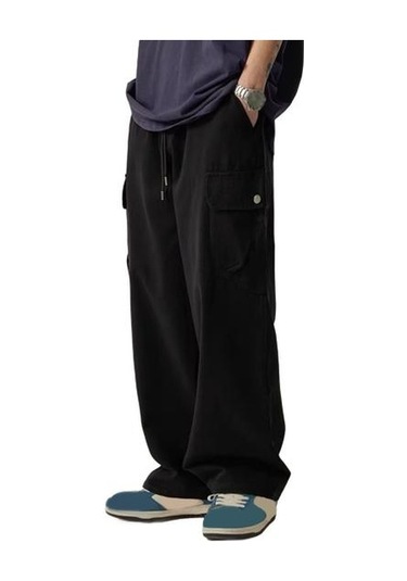 Çok Cepli Amerikan Tarzı Düz Geniş Paça Gevşek Bağcıklı Elastik Bel Erkek Kargo Pantolon Seyahat Günlük Kullanım İçin Sokak Pantolonu Siyah Çok Cepli Amerikan Tarzı Düz Geniş Paça Gevşek Bağcıklı Elastik Bel Erkek Kargo Pantolon Seyahat Günlük Kullanım İçin Sokak Pantolonu Siyah