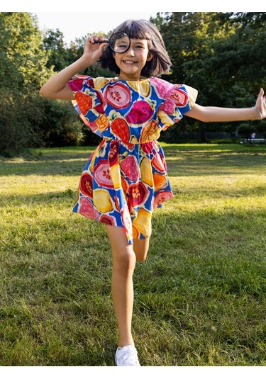 Sheshe Desenli Pamuklu Beli Lastikli Kız Çocuk Elbise Renkli
