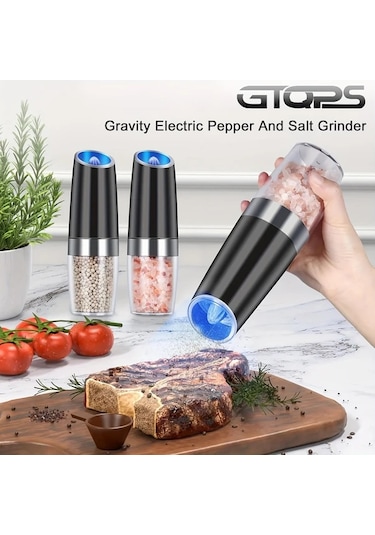 Honeybeeshop 2 Adet Siyah Yerçekimi Elektrikli Biber Ve Tuz Öğütücü Seti Led Işık Büyük Kapasiteli Otomatik Ahşap
