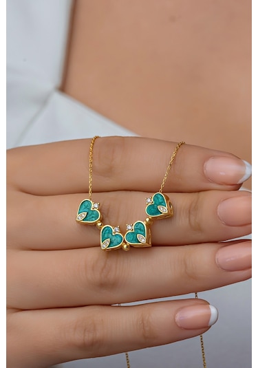 Nereze 925 Ayar Gümüş Mıknatıslı Ayrılabilir Gold Yeşil Mineli 4 Kalpli Yonca Kolye