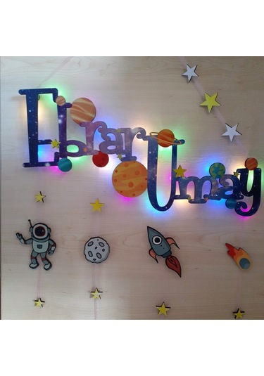 Deniztasarım Isme Özel Uzay Temalı Kapı / Duvar Süsü Çok Renkli