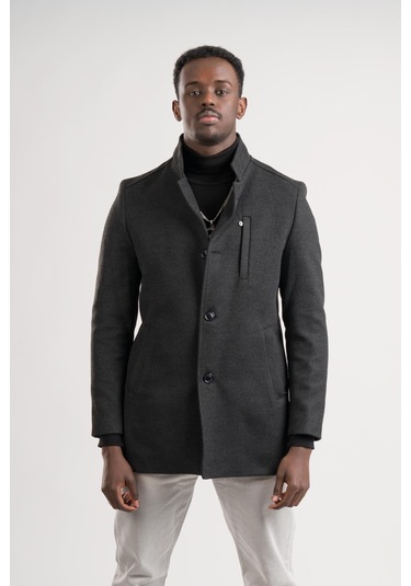 Slimfit Hakim Yaka Düğme Kapamalı Yan Cepli Astarlı Tek Yırtmaçlı Yünlü Kaşe Kaban Antrasit