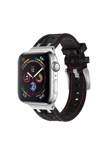 Novahub İos Watch Uyumlu Se 40mm Timsah Desenli Sıvı Silikon Bandı Gümüş Kırmızı Siyah