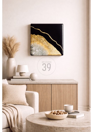 Geode Nero Kuvars Taşlı Modern Epoksi Duvar Tablosu Enerjisel & Dekoratif Sanat 20x20 Cm