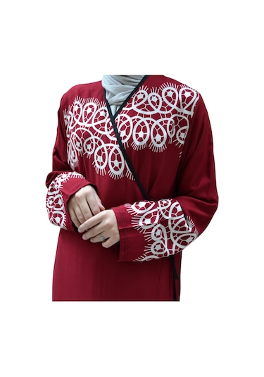 Halkalı Desenli Kruvaze Namaz Elbisesi Yandan Bağlamalı, Rahat Kesim 36 46 Beden Bordo