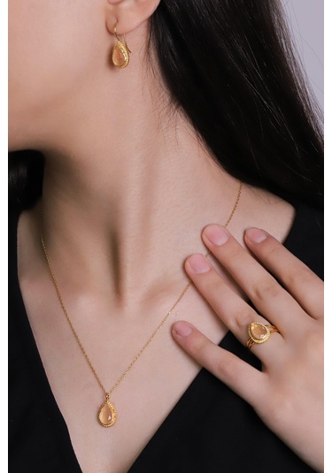 Beyisa Güneş Taşı Serisi Sarma Damla Kesim Renkli Oniks 22 Ayar Altın Kaplama Kadın Set