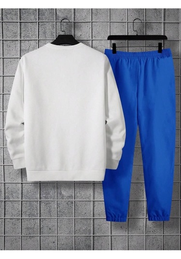 Nasa Unkown Eşofman Takımı Sweatshirt Jogger - Beyaz Sax Mavi Baskılı Şardonlu Bisiklet Yaka Beyaz Sax Mavi