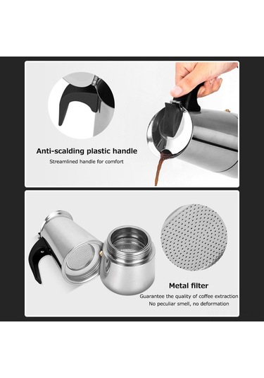 Fastbuy Taşınabilir Paslanmaz Çelik Moka Kahve Makinesi - 100ml Kapasiteli Konsantre Kahve Demleme Cihazı Gümüş Gümüş