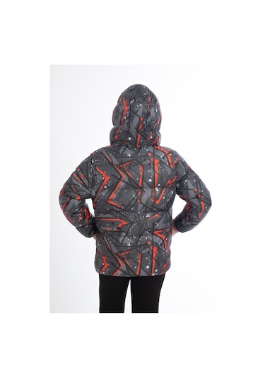 Kız Çocuk Siyah Geometrik Desen İçi Polar Su Ve Rüzgar Geçirmez Kapüşonlu Cepli Şişme Kışlık Mont Siyah