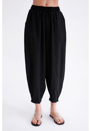 4307 Kadın Beli Lastikli Parçalı Şalvar Pantolon Siyah Siyah
