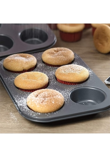 Fastbuy Silikon Kek Kalıbı Seti - 6 Adet Muffin Tepsisi - Paslanmaz Çelik Fırın Kabı - Kek Ve Çörek Yapımı Kolay Temizlenir Gri