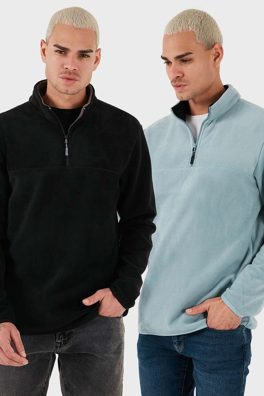 Buratti Regular Fit Anti-Pilling Tüylenme Yapmayan Dik Yaka Şardonlu 2'Li Paket Erkek Polar 5896700S2 Siyah-Mint