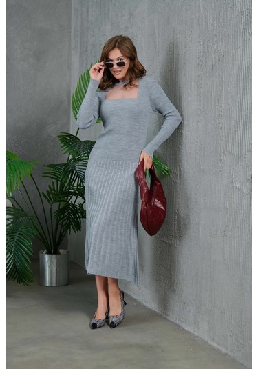 Kadın Bisiklet Yaka Tül Detay Maksi Boy Fitilli Triko Elbise Gri