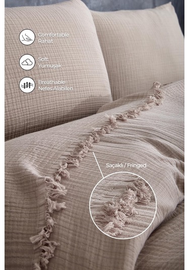 Müslin%100 Pamuk Tek Kişilik Yatak Örtüsü Pike Takımı 4 Katlı Yumuşak Battaniye 2 Parça Bej Cappuccino
