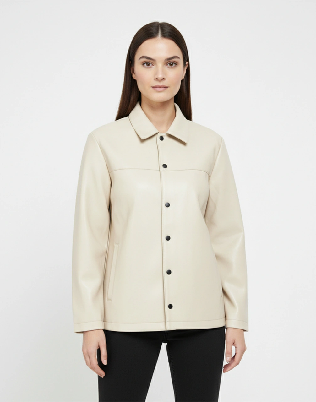 Kadın Çıtçıt Düğmeli - Suni Deri - Ceket -günlük Kullanım - Blazer Gömlek Yaka - Çift Cepli Açık Bej Kadın Çıtçıt Düğmeli - Suni Deri - Ceket -günlük Kullanım - Blazer Gömlek Yaka - Çift Cepli Açık Bej