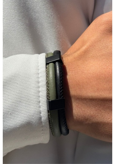El İşçiliği İle Üretilmiş Hakiki Deri Erkek Bileklik Siyah - Yeşil