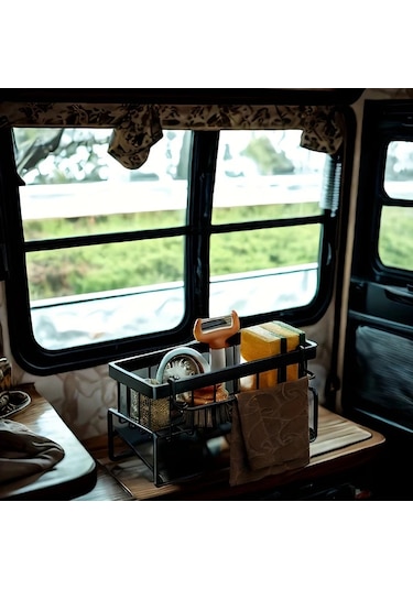 Chenkestoreone Siyah Plastik Lavabo Düzenleyici, Sünger Ve Bez Askılı Ev Kamp Mutfağı Organizer Siyah