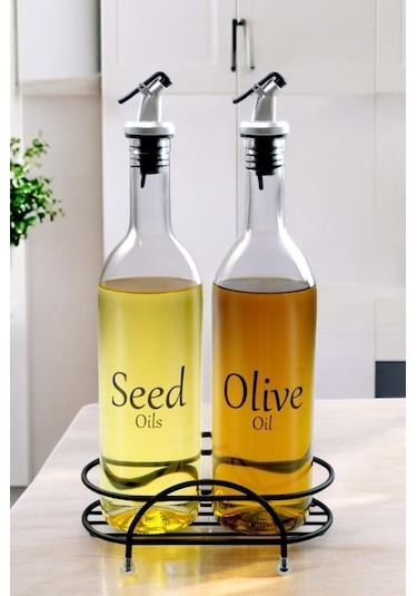 Digithome Luxe 2'li Siyah Metal Standlı Yağdanlık Seti Şeffaf Etiketli Cam Yağlık 750 Ml Cys-09 Siyah