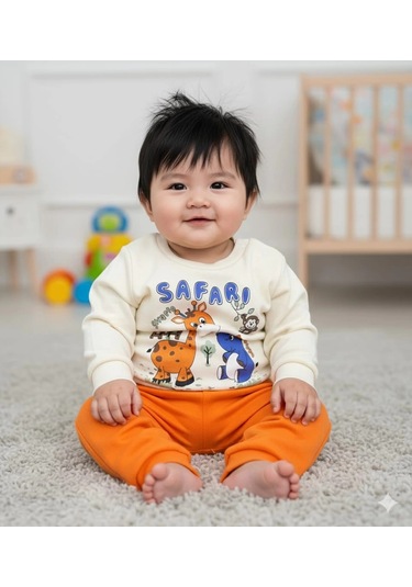 Erkek Bebek Safari Baskılı Alt Üst İkili Gündelik Takım Turuncu