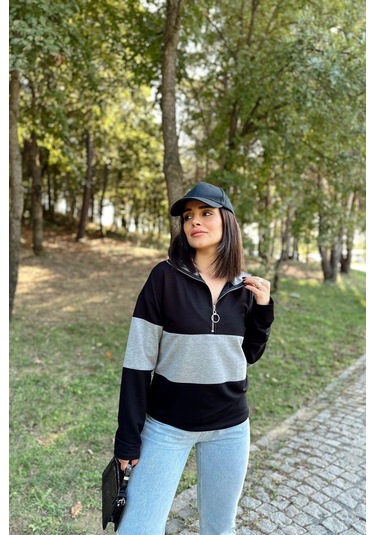 WeShaya Kadın Siyah Uzun Kol, Dik Yaka, Fermuarlı, Double Color Block Basic Sweatshirt Bluz Siyah