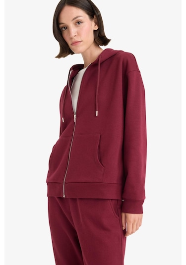 Defacto Relax Fit Kapüşonlu Basic Düz Kalın Fermuarlı Sweatshirt C1809ax25aubr115 Bordo