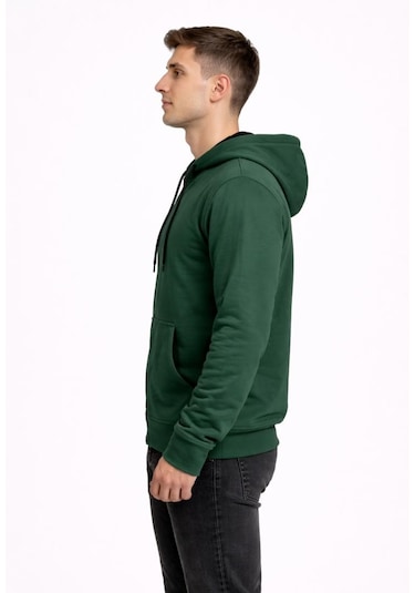Axxel Erkek Haki 2 İplik Fermuarlı Kapüşonlu Sweatshirt-w1084 Haki