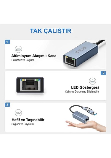 Inca Iutp-01tx Ethernet Adaptörü Usb Ve Type-cye Bağlantı Usb 3.0 Ve Type-c 3.1 Alüminyum 1000mbps