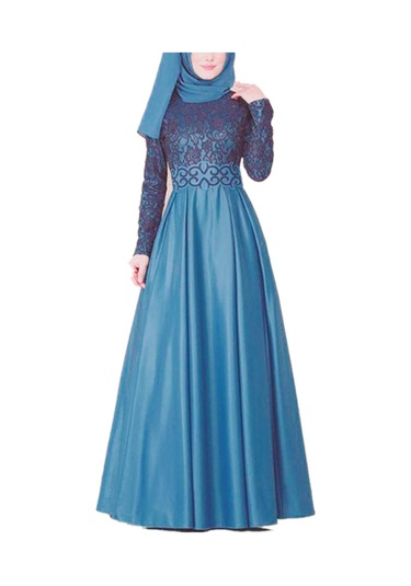 Sones Dantel Dikiş Retro Büyük Salıncak Elbise Etnik Stil Uzun Kollu İnce Elbise Mavi